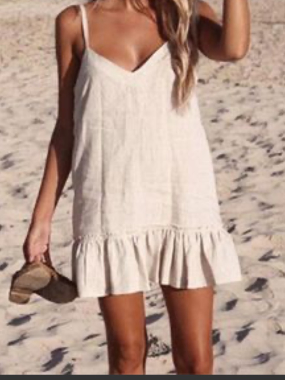 Bellambia Linen Mini Ruffle Sun Dress Tan Beige Size Medium